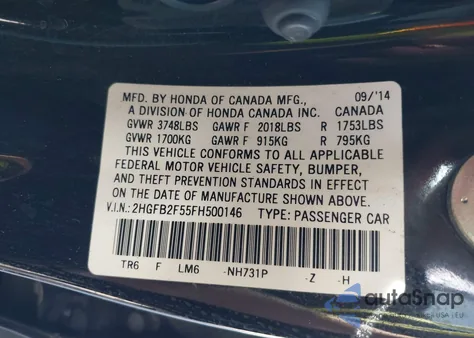 2015 Honda Civic Lx from USA, damaged, VIN 2HGFB2F55FH500146